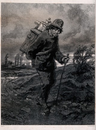 A man with a magic lantern (slide projector) on his back is walking along a country path. Lithograph by Gavarni, 1854.