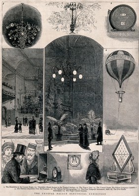 Electrical appliances exhibited at the 1882 Electrical Exhibition, including chandeliers and the first telegraph instrument. Wood engraving, 1882.