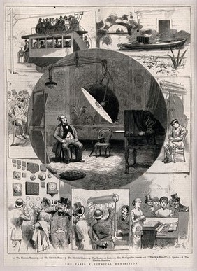 Electrical instruments exhibited at the 1881 Paris Electrical Exhibition; including a tramway, an electric boat and an electric chair. Wood engraving by A. Marie, 1881.