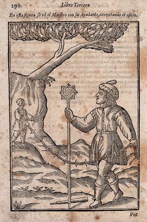 view A man and his assistant holding a rope to survey a field. Woodcut, 15--.