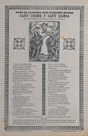 view Saint Cosmas and Saint Damian. Woodcut and letterpress, 1897.