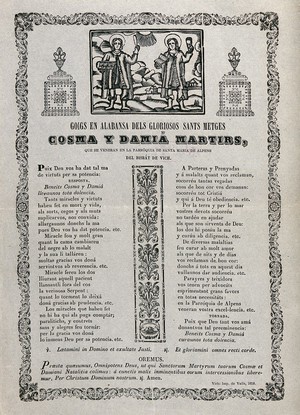 view Saint Cosmas and Saint Damian. Woodcuts and letterpress, 1858.