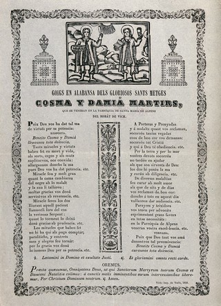 Saint Cosmas and Saint Damian. Woodcuts and letterpress, 1858.