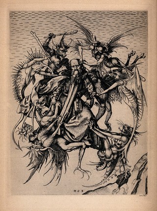 Saint Anthony Abbot is tormented by seven hell-born creatures; representing the temptation of Saint Anthony. Process print after M. Schongauer.