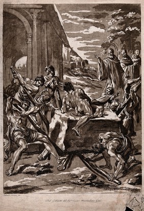 Saint Benedict threatening away the devil who blocks a stone for the building of the monastery of Montecassino. Etching by F. Rosapina after L. Carracci.