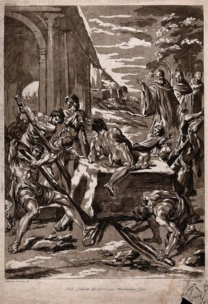 view Saint Benedict threatening away the devil who blocks a stone for the building of the monastery of Montecassino. Etching by F. Rosapina after L. Carracci.