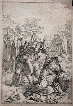 view Saint Benedict curing a man possessed by a devil. Etching after L. Carracci.