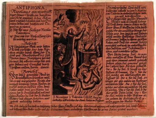 Saint Nicholas of Tolentino celebrating the Mass. Engraving on red silk.