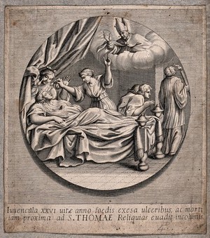 view Saint Thomas of Villanova performs a posthumous miracle: he cures a woman who was about to die. Engraving.