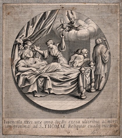 Saint Thomas of Villanova performs a posthumous miracle: he cures a woman who was about to die. Engraving.
