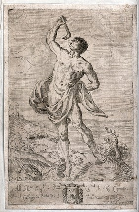 Samson drinking water from the ass's jawbone with which he slayed the Philistines. Etching by Francesco Maria S. after G. Reni.