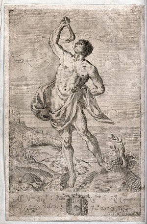 view Samson drinking water from the ass's jawbone with which he slayed the Philistines. Etching by Francesco Maria S. after G. Reni.