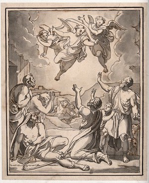 view Angels announcing the birth of Christ to the shepherds (?). Ink drawing.