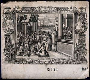 view Christ healing the lame man who has been lowered through the roof. Engraving by M.H. Rentz.