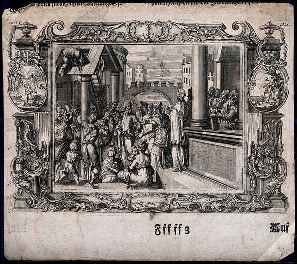 Christ healing the lame man who has been lowered through the roof. Engraving by M.H. Rentz.