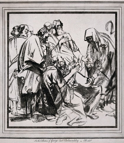 Jacob being persuaded to send Benjamin with his brothers on their return jorney to Egypt. Crayon-manner by W.W. Ryland after Sir A. van Dyck.