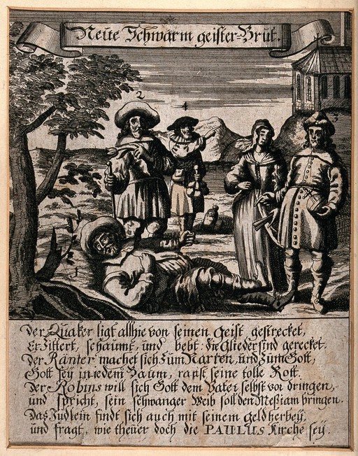 Representatives of four religions, labelled as religious fanatics. Etching.