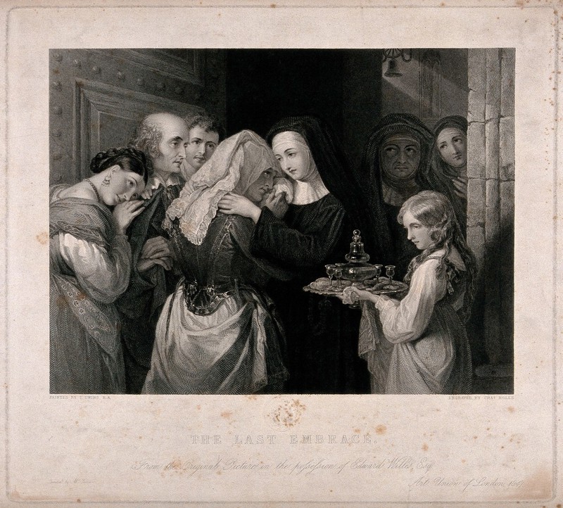 A woman entering a nunnery as a novice and saying goodbye to her family. Engraving by C. Rolls after T. Uwins., 1847, by Thomas Uwins