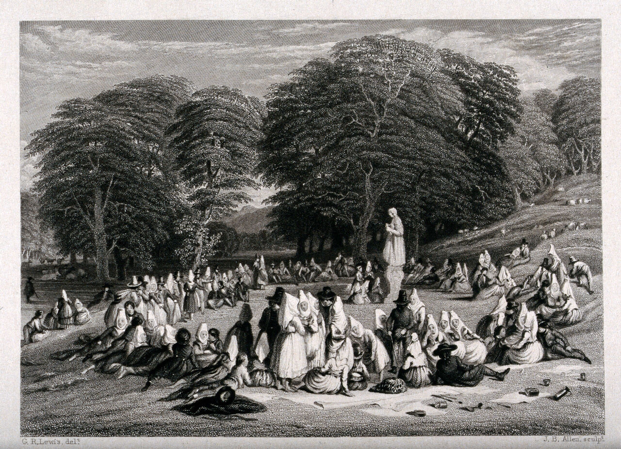 A landscape with Austrian pilgrims gathering around a sculpture. Engraving by J.B. Allen after G.R. Lewis., by James Baylis Allen