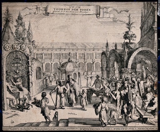 Jews celebrating Laubhüttenfest in the courtyard of the the synagogue. Etching.