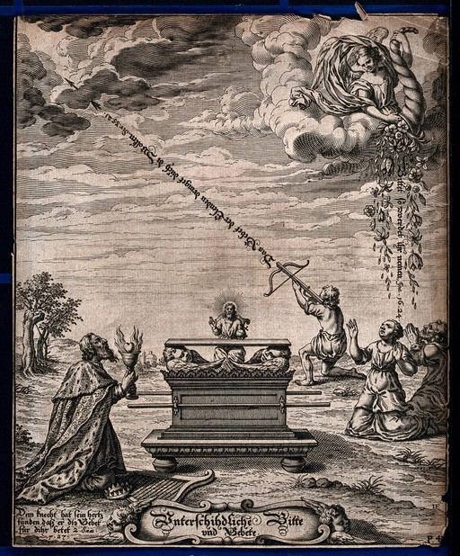 An allegory of prayer. Etching by I.F.