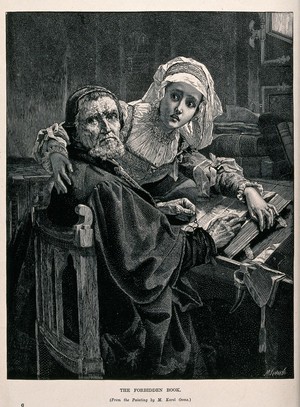 view A Protestant man and woman interrupted while reading the forbidden Bible. Wood engraving by M. Klinkicht after K. Ooms.