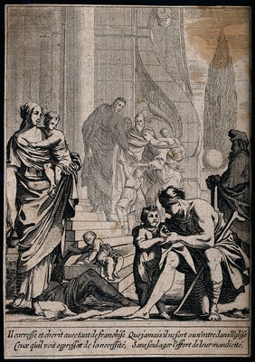 A saint or holy man (Saint Philip Neri?) giving alms as he enters a church. Etching.