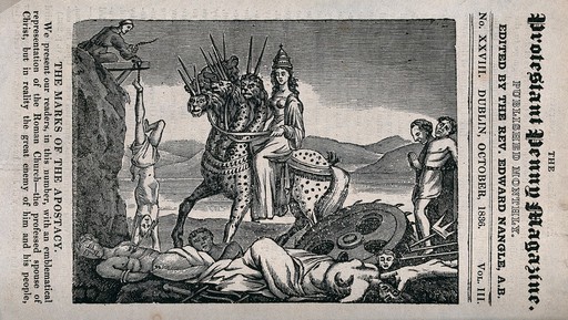 A monster representing the harm alleged to be done by the Roman Catholic church. Wood engraving.