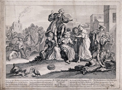 The Moor-Fields Congregation, representing religious mania. Etching by G. Bickham.