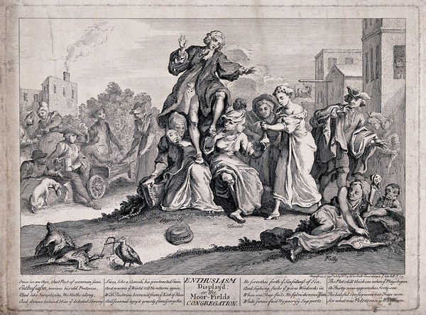 The Moorfields congregation with George Whitefield, representing religious mania. Etching by G. Bickham.
