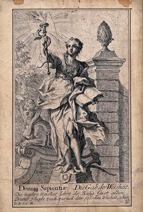 Allegory of true and false wisdom. Etching by J.G. Bergmüller.