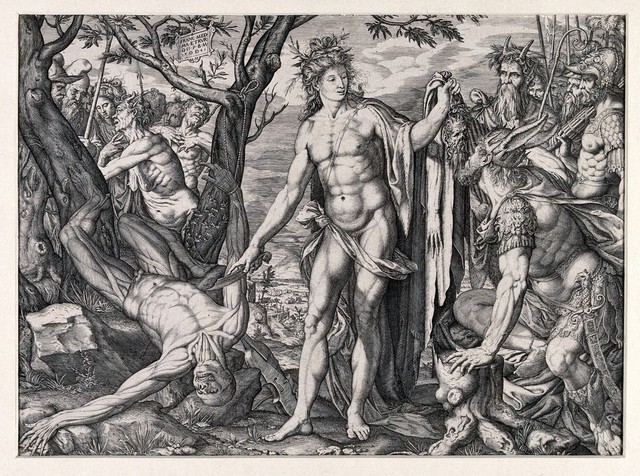 Apollo flaying Marsyas. Engraving by Melchior Meier, 1581.