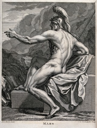 Mars [Ares]. Engraving by G. van der Gucht after L. Cheron after L. Carracci.