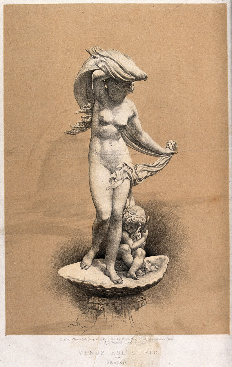 Venus [Aphrodite] and Cupid. Chromolithograph by J.B. Waring after C.A. Fraikin., by Charles Auguste Fraikin