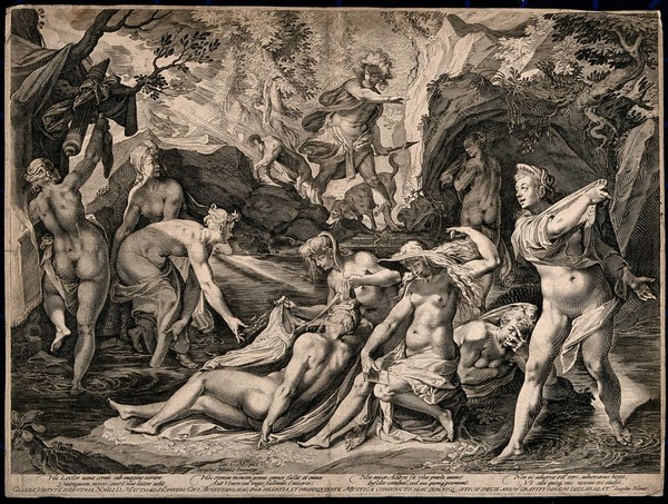 Diana [Artemis] and Actaeon. Engraving by G. Sadeler after J. Heintz.
