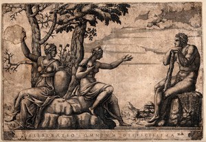 view Hercules at the crossroads; representing the choice between different ways of life. Engraving by A. Scultori (Ghisi) after Giulio Romano.