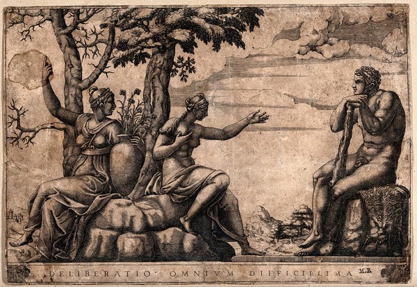 Hercules at the crossroads; representing the choice between different ways of life. Engraving by A. Scultori (Ghisi) after Giulio Romano.