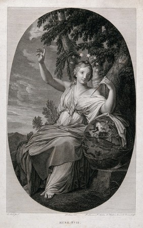 Urania, the muse of astronomy. Engraving by P.L.H. Laurent and P. Audouin after Duchemin after E. Le Sueur.