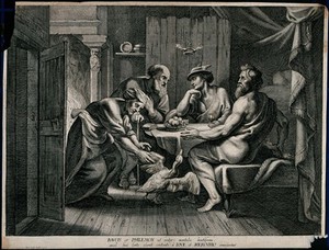 view Philemon and Baucis providing food and shelter for Jupiter [Zeus] and Mars [Ares] who are disguised as travellers. Engraving after Sir P.P. Rubens.