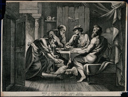 Philemon and Baucis providing food and shelter for Jupiter [Zeus] and Mars [Ares] who are disguised as travellers. Engraving after Sir P.P. Rubens.