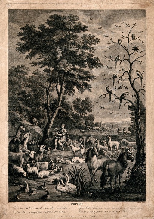 Orpheus charming the animals with music. Engraving by Le Bas after A. Hondius.