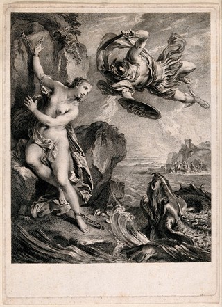 Perseus rescuing Andromeda from a sea-monster. Engraving by L. Cars, 1728, after F. Lemoine.