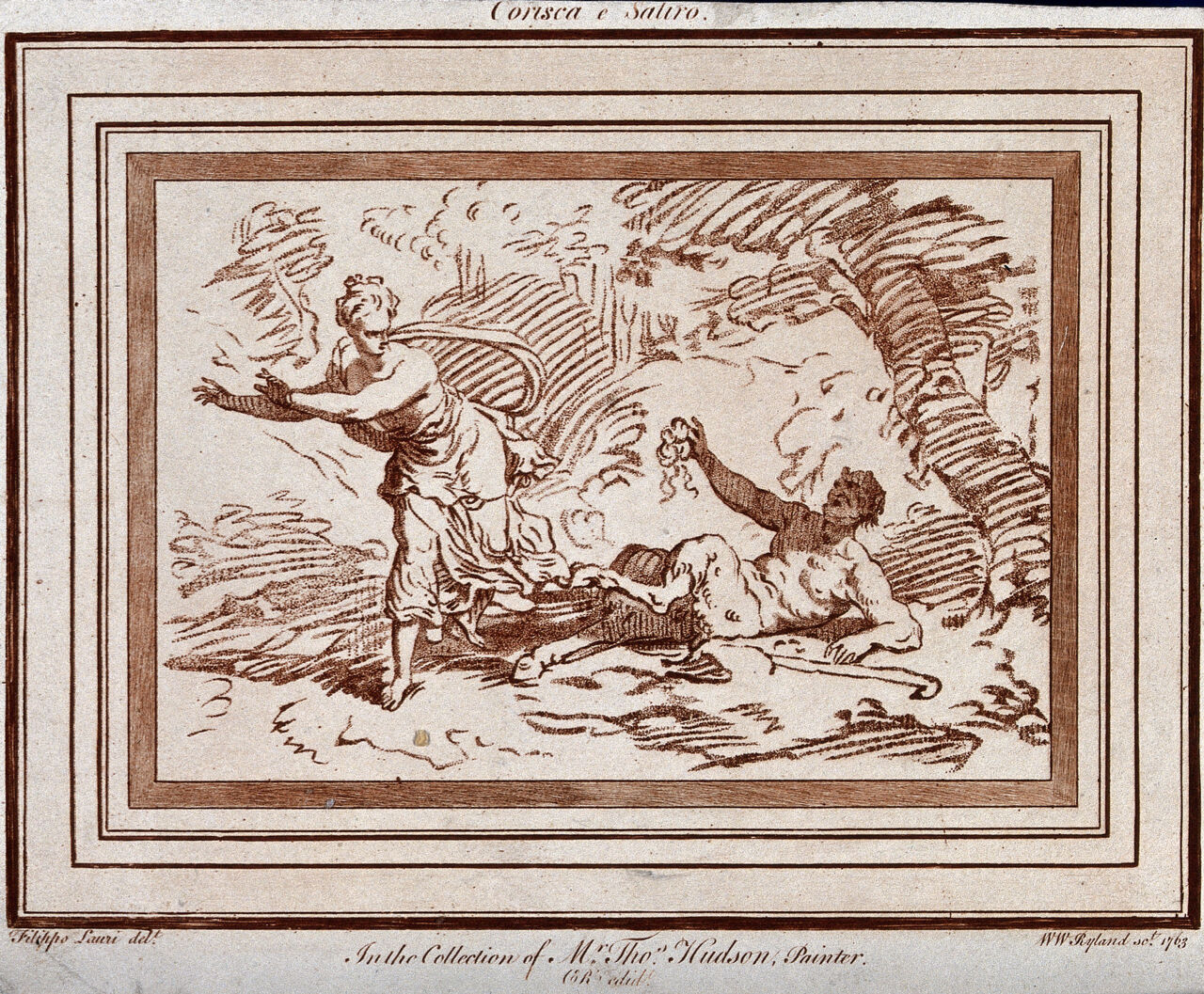Corisca and the satyr: he pulls at Corisca's hair, trying to rape her, but he has seized a hair extension, enabling her to push him over and run away to safety. Crayon-manner by W.W. Ryland, 1763 after F. Lauri., 1763, by Giovanni Battista Guarini