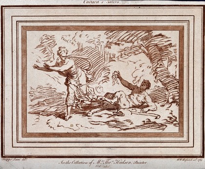 Corisca and the satyr: he pulls at Corisca's hair, trying to rape her, but he has seized a hair extension, enabling her to push him over and run away to safety. Crayon-manner by W.W. Ryland, 1763 after F. Lauri.