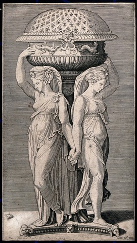 A censer supported by a column, held by female figures. Engraving by Marcantonio Raimondi after Raphael.