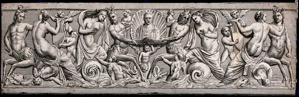 The tomb effigy of a man accompanied by nereids, marine centaurs and sea monsters. Engraving.