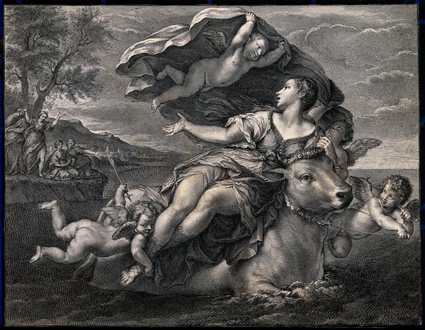 The rape of Europa. Engraving by J. Frey after F. Albani.