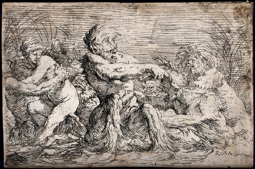 Tritons fighting over a nereid. Etching by S. Rosa.