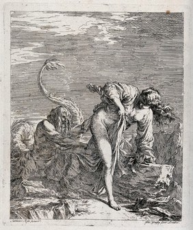 A woman trying to escape a triton. Etching by J. Goupy after S. Rosa.