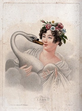 Leda and the swan. Colour stipple engraving.